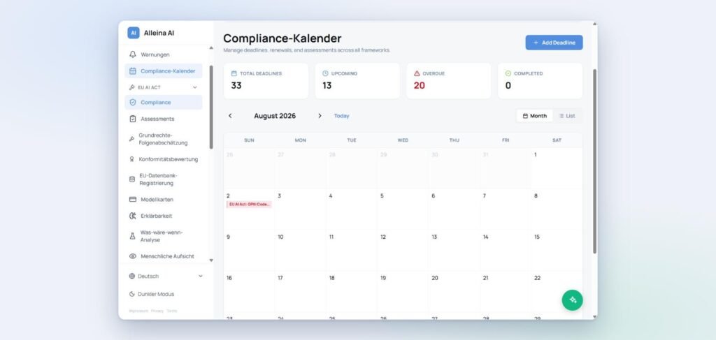 Alleina AI compliance calendar showing the EU AI Act GPAI deadline on 2 August 2026